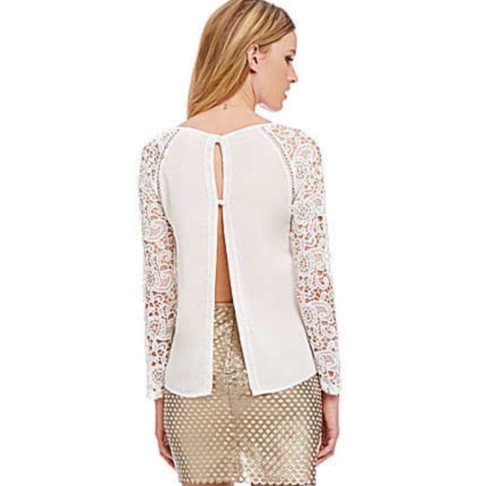 CHELSEA FLOWER Floral Lace Long Sleeve Blouse P Off White Keyhole Open Back Silk